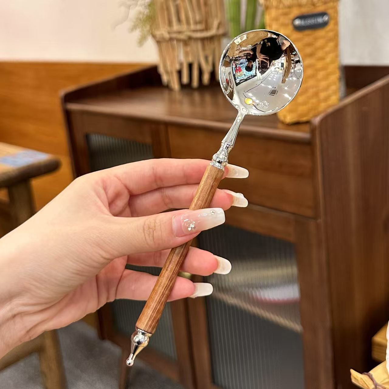 Imitation Rosewood Stainless Steel Spoon Long Handle Round Head Spoon Household Rice Spoon Soup Spoon Dessert Spoon Soup Spoon