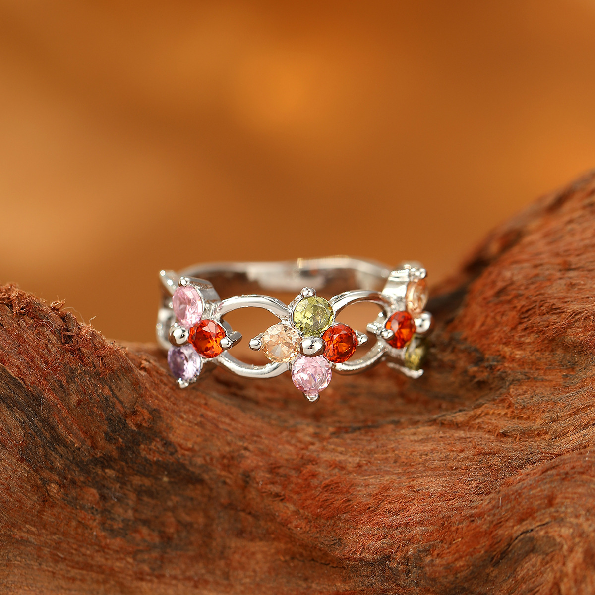 Colored Gemstone Ring Fashion Jewelry Rainbow Color Zircon Jewelry Flower Women's Ring