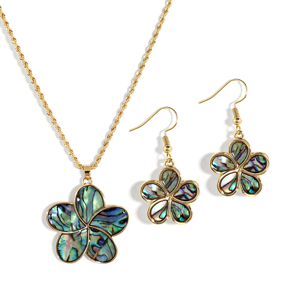 Women's Natural Abalone Shell Applique Jewelry Set Five-Petal Flower Long Sweater Chain Twisted Chain Necklace