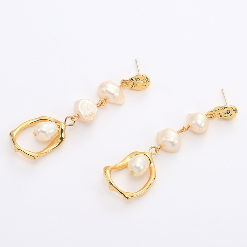 Metal gold geometric long freshwater pearl earrings exclusively supplied s925 silver needle earrings