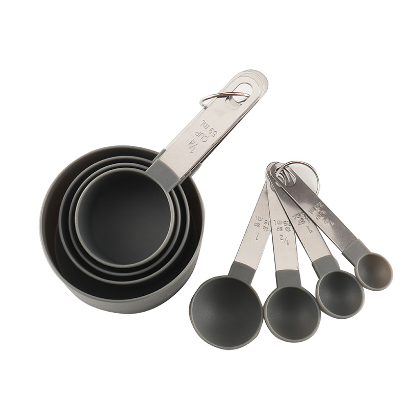 Stainless steel measuring cup and spoon set, plastic stainless steel handle measuring spoon 8-piece set with刻度 baking tool