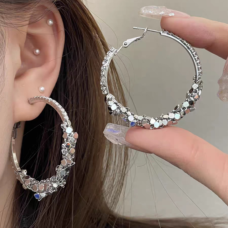 Super Shiny Silver Rhinestone Large Hoop Earrings for Women Exaggerated Ear Accessories