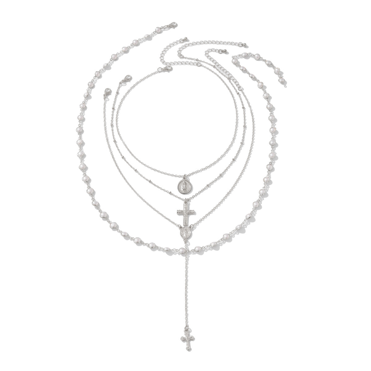 Jewelry cross metal pendant necklace elegant pearl bead Y-shaped锁骨链 multi-layer