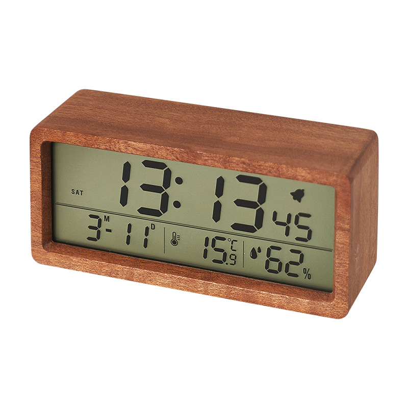 New Solid Wood Clock Simple Temperature and Humidity 1906 Clock Night Light Bedside Clock Large Screen LCD Wooden Alarm Clock