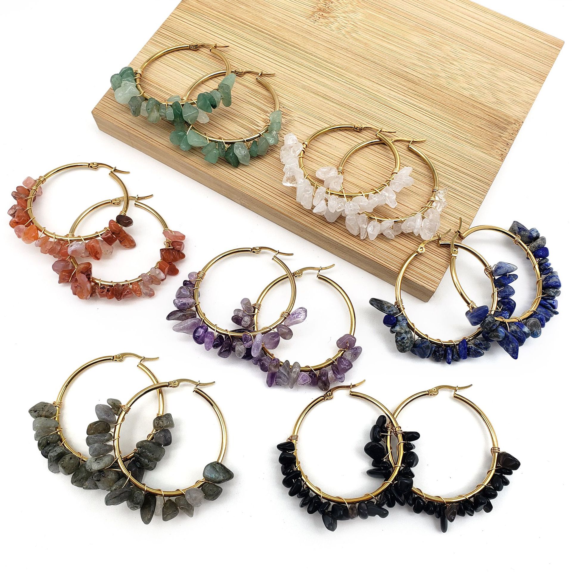 Large Circle Natural Crystal Raw Stone Earrings Hand-wrapped Green Donglin Stone Women's Commute Stainless Steel Earrings