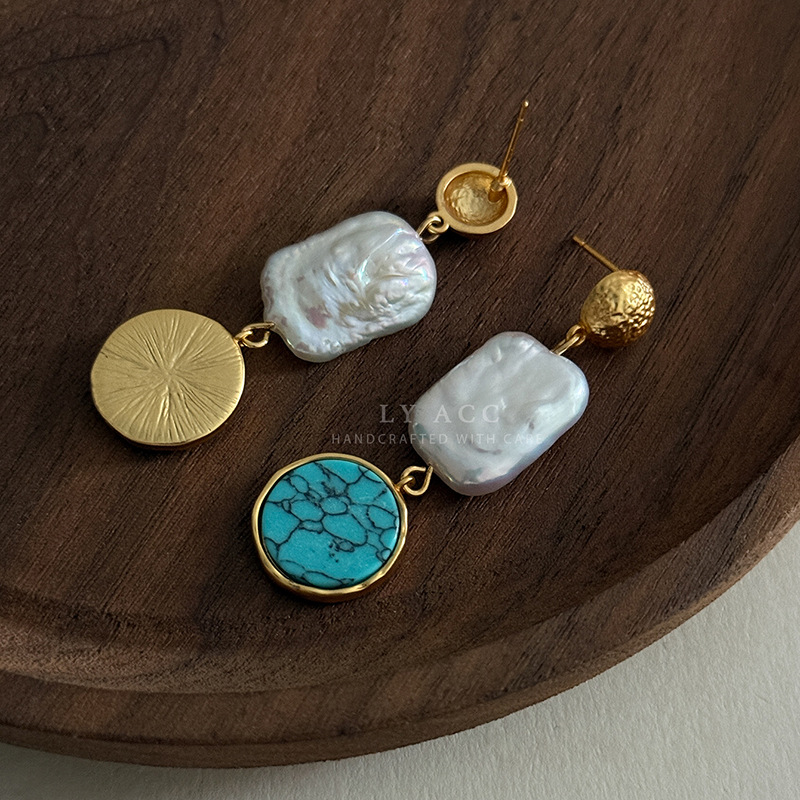 Square Baroque Pearl Pendant Earrings Island Vacation Earrings Elegant Simple Small