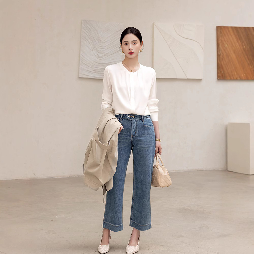 Satin round neck mulberry silk shirt women's 2026 spring new pleated silk long-sleeved top
