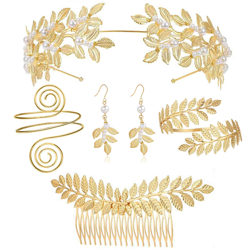 Headband earring bracelet set leaf pearl headband exquisite bridal hair accessory