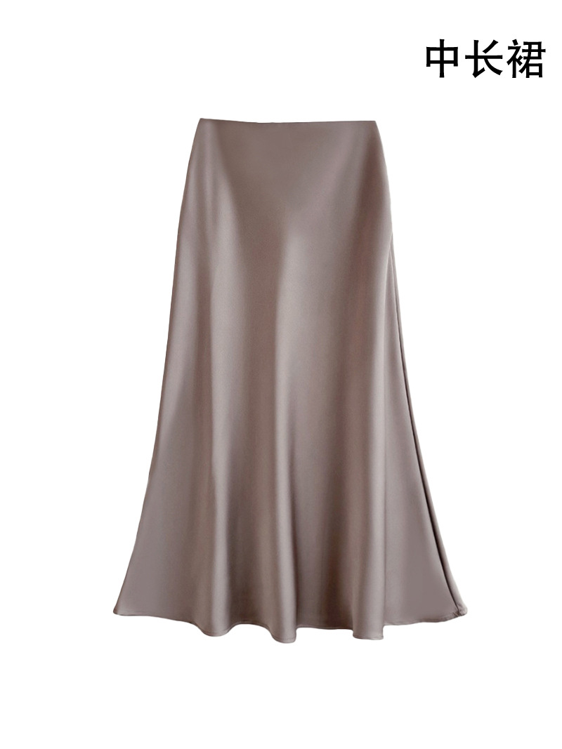 Summer commute elastic waist satin skirt women spring and summer high waist hip-hugging skirt mid-length skirt A-line skirt