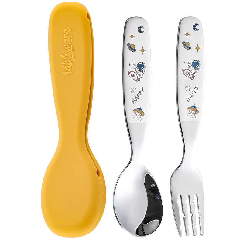 304 stainless steel children's spoon kindergarten cartoon baby food spoon feeding spoon silicone box