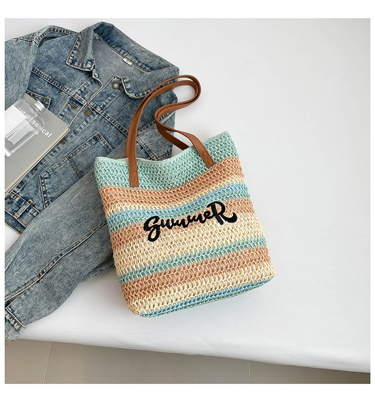 2026 new straw woven bag women's large capacity shopping bag striped letter beach bag embroidered handbag