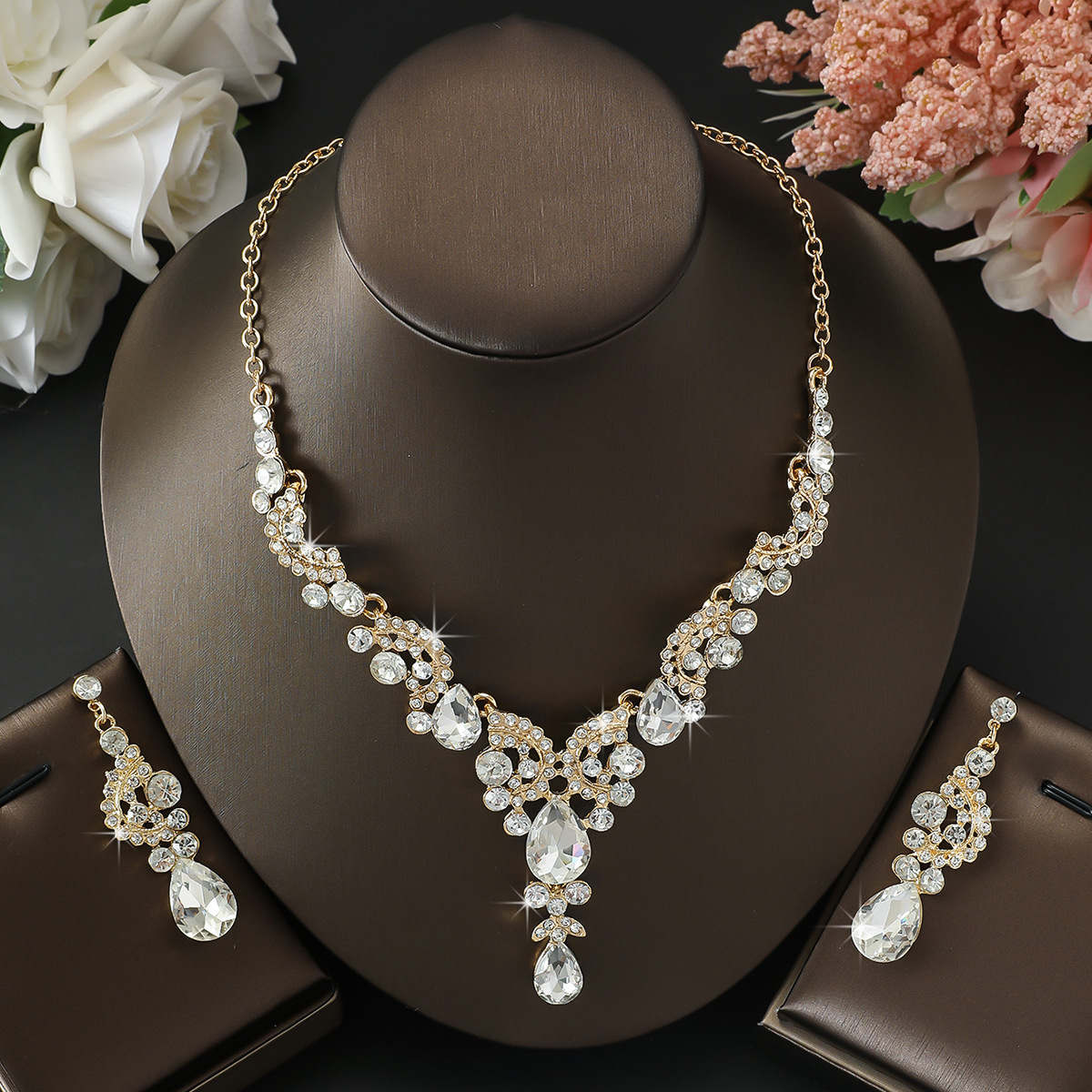 Alloy Rhinestone Set Necklace Earrings Two-Piece Wedding Jewelry Set for Women
