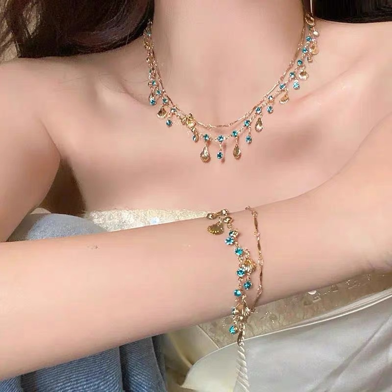 Daughter of the Sea~ Blue Zirconia Gold Shell Necklace Bracelet Design Pendant Jewelry