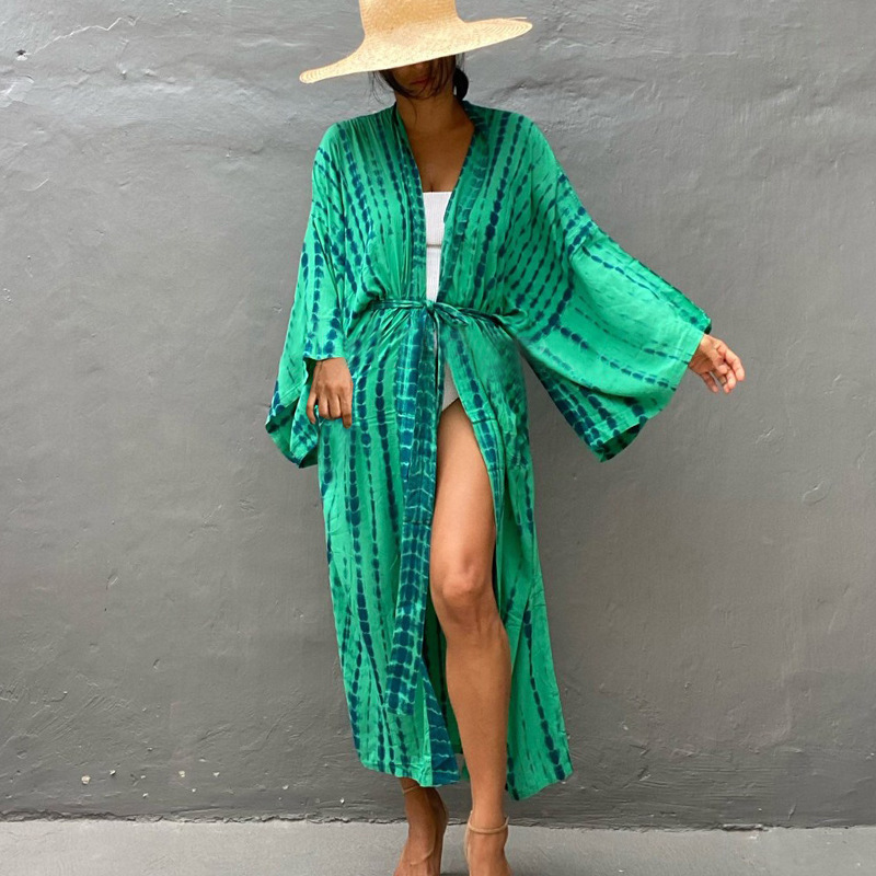 New Rayon Printed Cardigan Loose Sun Protection Beach Jacket Cardigan Bikini Swimsuit Cover Up Outer Layer