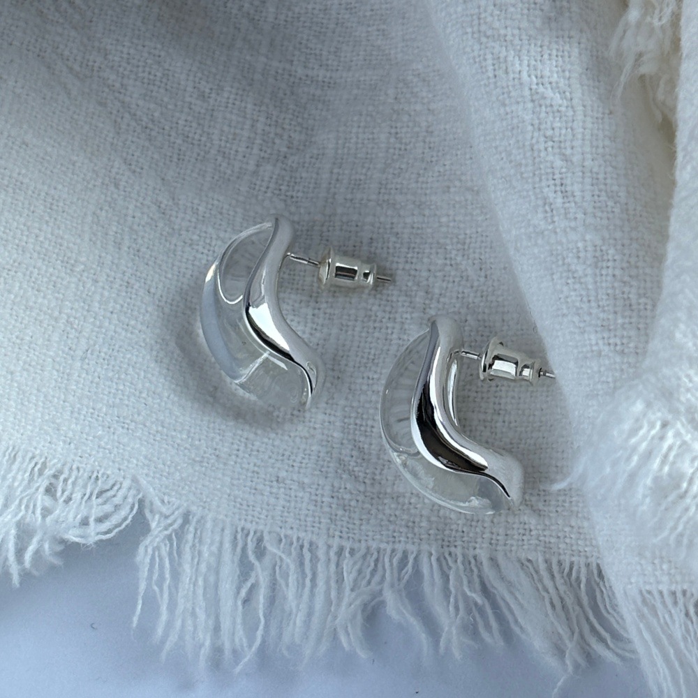 Simple C circle earrings, delicate arc earrings, 925 silver needle transparent琉璃 drop earrings