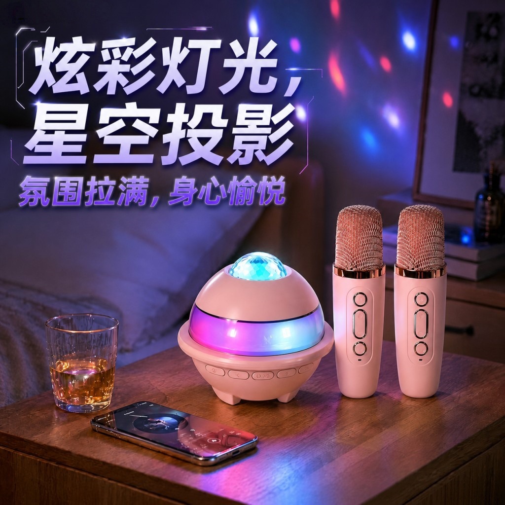 Bluetooth speaker subwoofer projection atmosphere light mini convenient card K-song home wireless microphone Bluetooth speaker