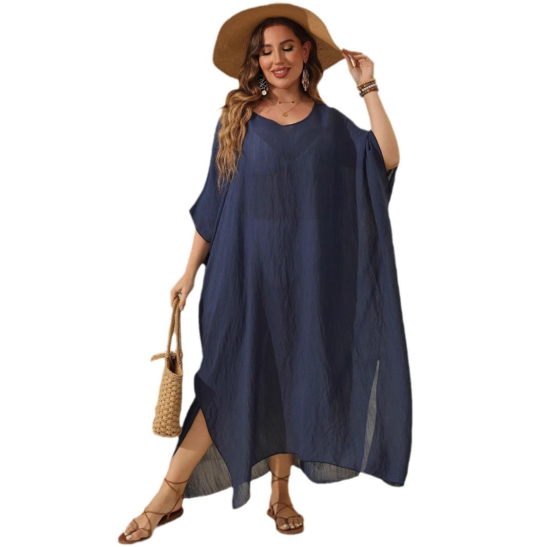 Women's Dress Plus Size Solid Color Loose Cover-Up Beach Vacation Split Floor-Length Dress