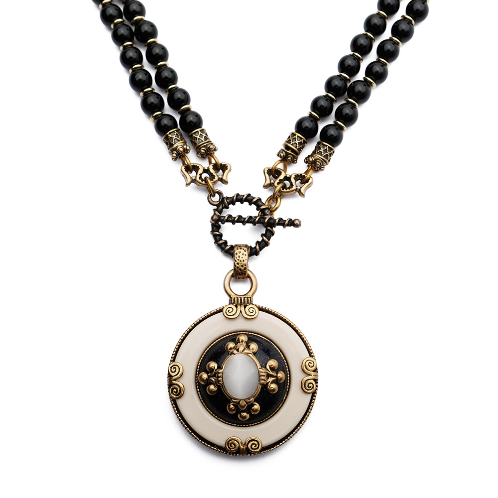 European Series White Round Pendant Vintage Natural Black Agate Beaded Chain Necklace