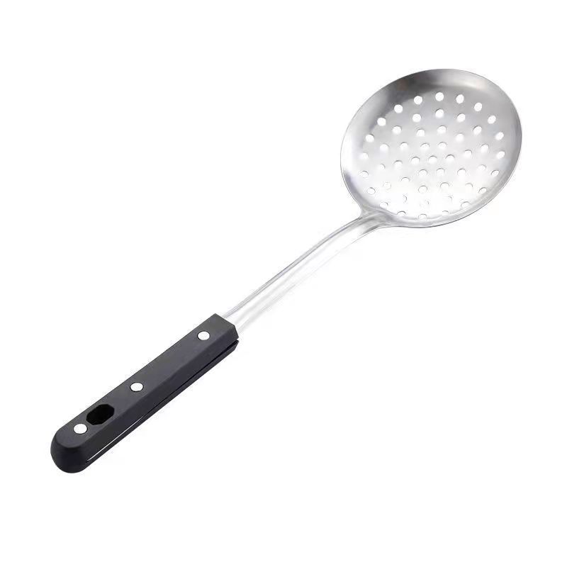 Stainless steel long-handled slotted spoon, soup spoon thickened kitchen set, slotted spoon handle, stir-fry spatula household black three-nail handle