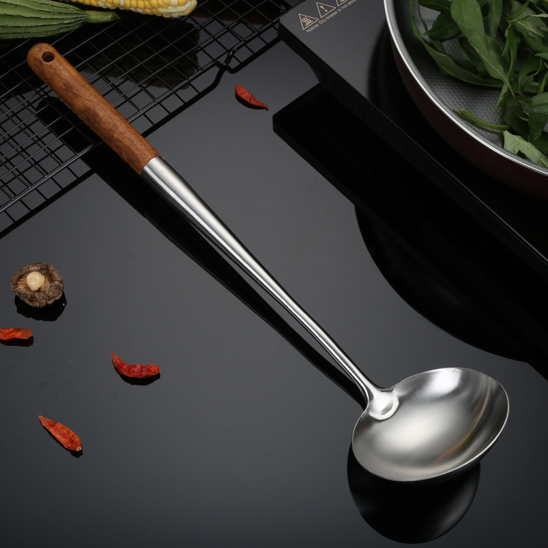 201 stainless steel wok spatula chef special cooking spoon wooden handle household long handle soup spoon serving spoon wok spoon