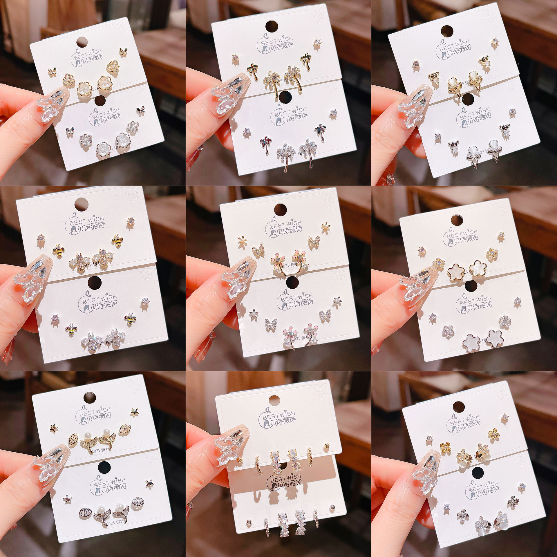 Summer new real gold electroplated exquisite three pairs of small earrings, small fresh sweet earrings