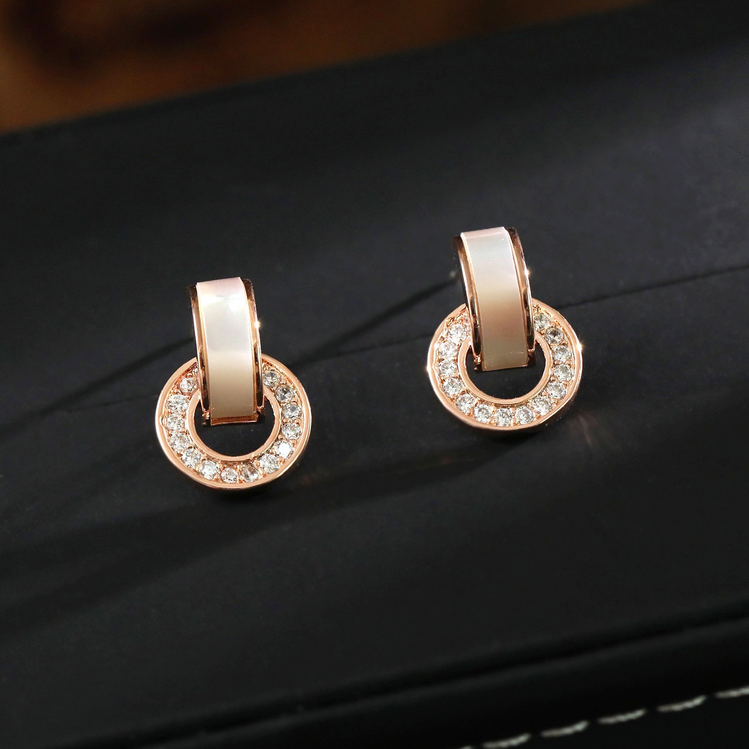 Geometric Circle Inlaid Mother-of-Pearl Hollow Earrings Simple Inlaid Zircon Silver Needle Ear Studs Earrings Women