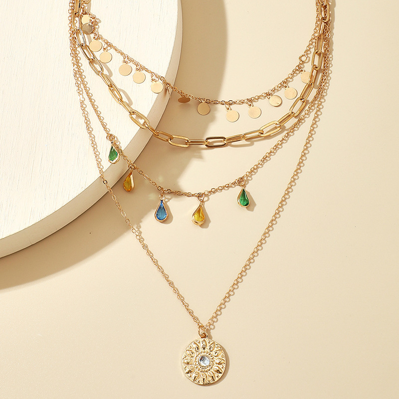 New Multi-Layer Layered Necklace Set Women Gemstone Pendant Choker Round Piece Tassel Neck Chain