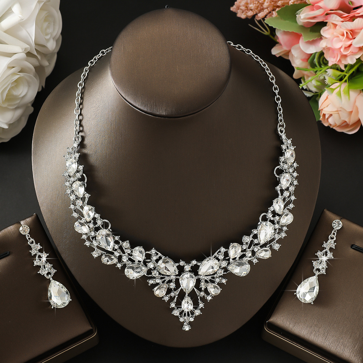 Jewelry Set Colorful Flower Teardrop Pendant Necklace Earrings Two-Piece Wedding Accessories