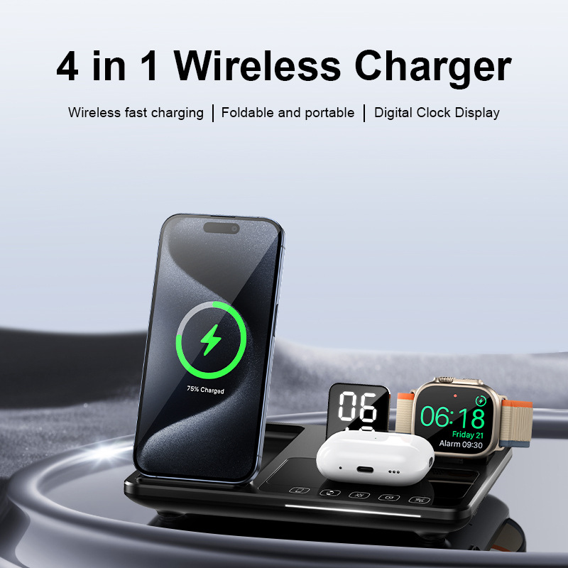 New 4-in-1 Wireless Fast Charger for Apple Phone Watch Earphone Auto Lift Foldable Clock Charger