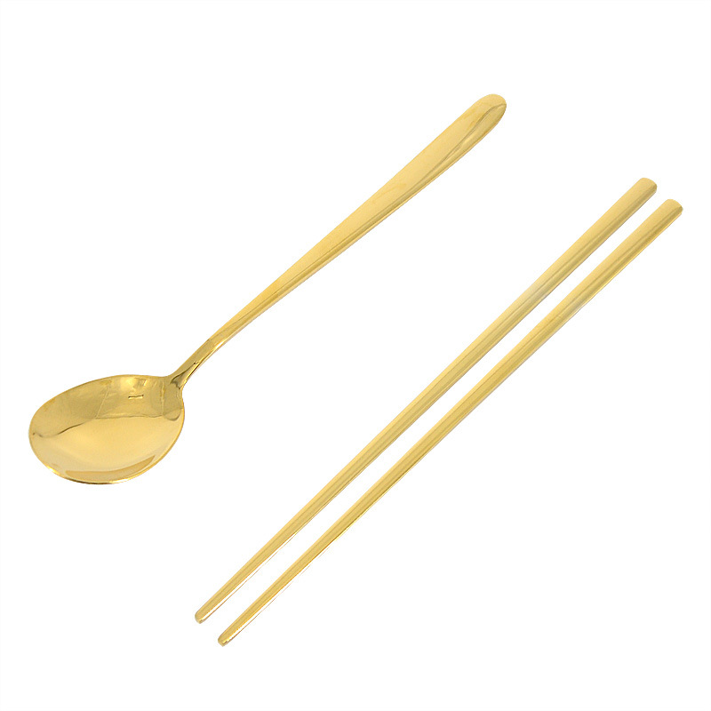 Gold spoon chopstick set stainless steel gold spoon chopsticks solid flat chopsticks gold spoon stainless steel tableware