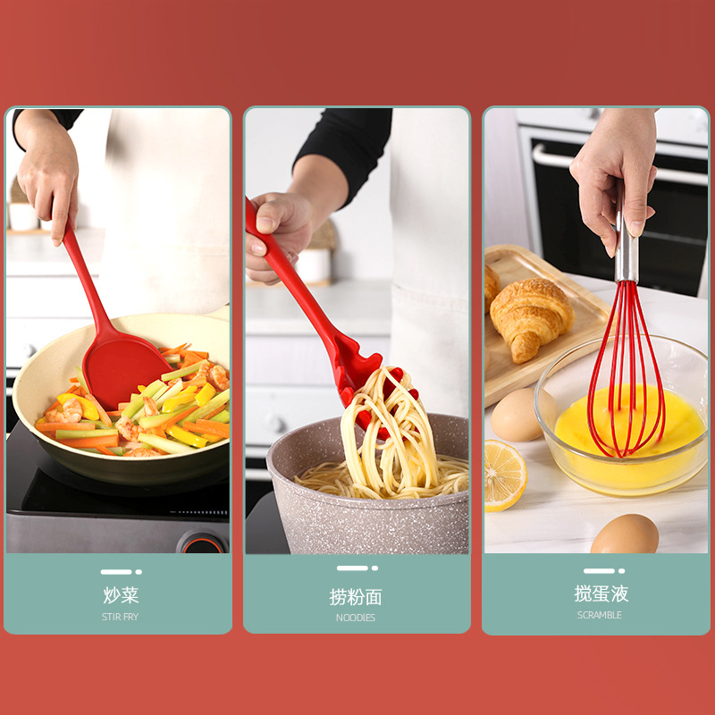 Silicone Kitchen Utensils 13-Piece Set Non-stick Spatula Slotted Spoon Set Red Black Kitchen Storage