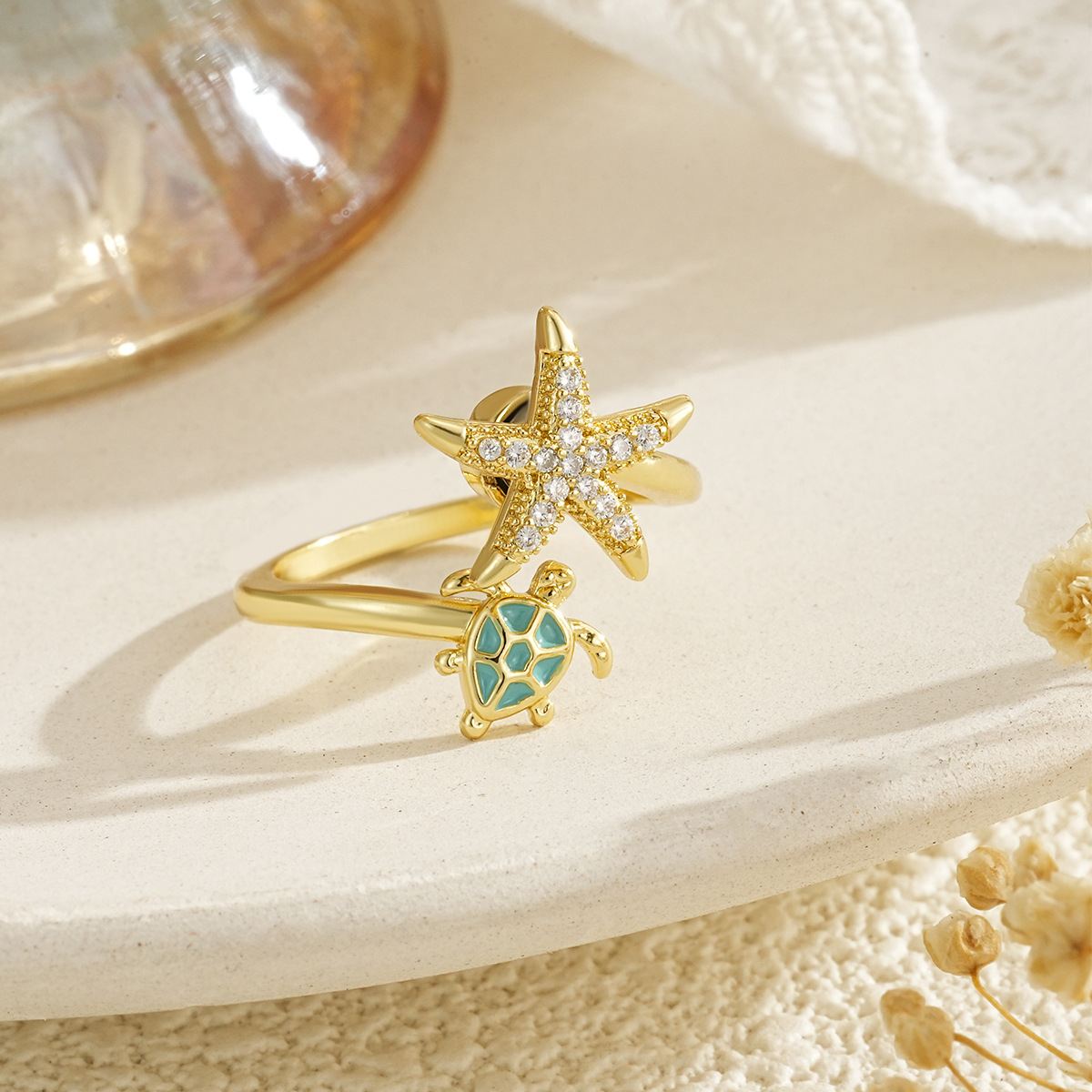 Rotating Stress-Relief Open Ring Jewelry Copper Set with Zircon Starfish Turtle Ladybug Heart Jewelry