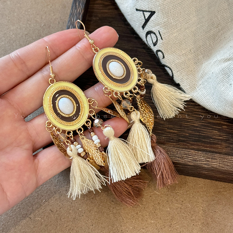 Bohemian Style Blue Feather Tassel Earrings Women Exotic Ethnic Style Earrings Exaggerated Long Ear Accessories