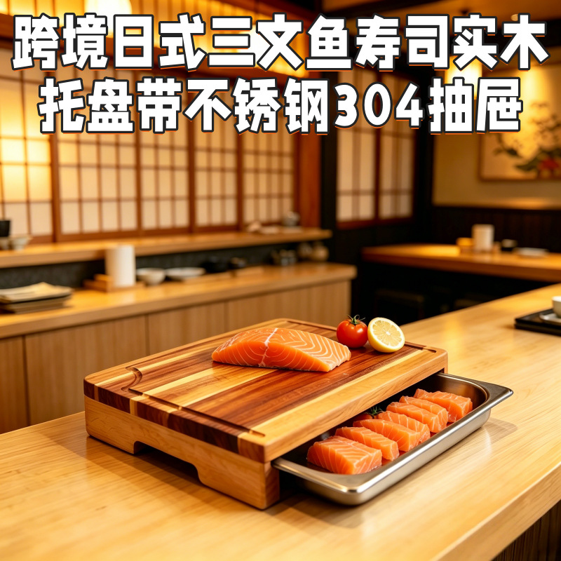 Solid Acacia Wood Tray with Drawer 304 Stainless Steel Plate Double Layer Cutting Board Sushi Salmon Platter