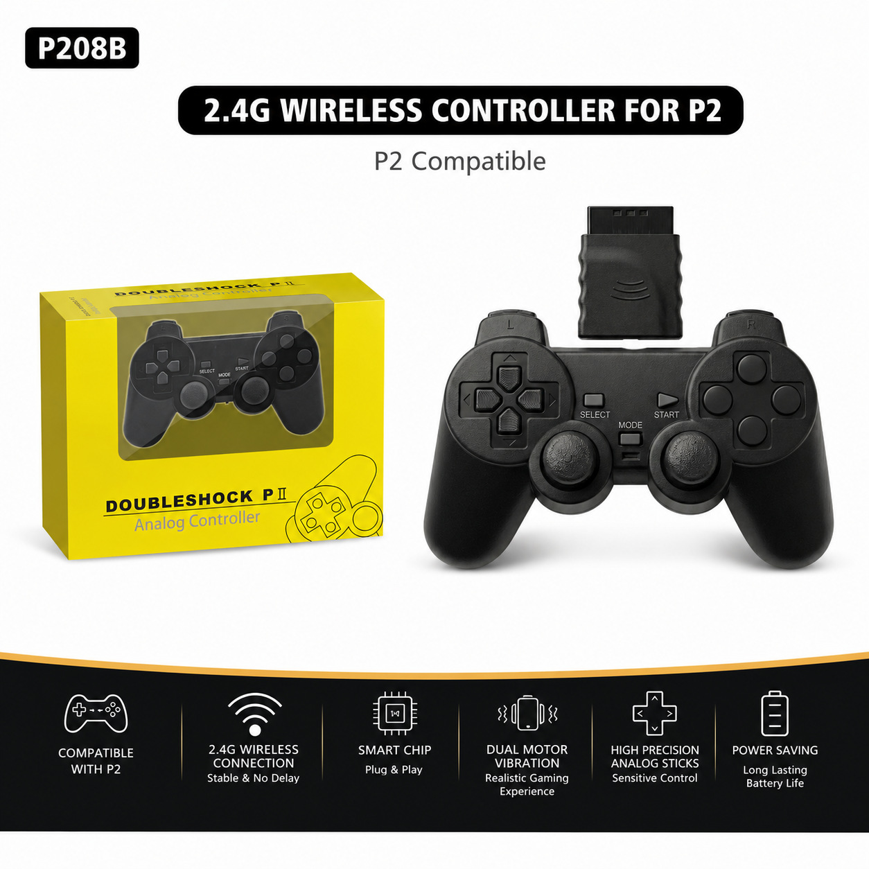 P2 Wireless Game Controller Dual Vibration 2.4G Wireless Supports P2 Console 16 Colors Transparent
