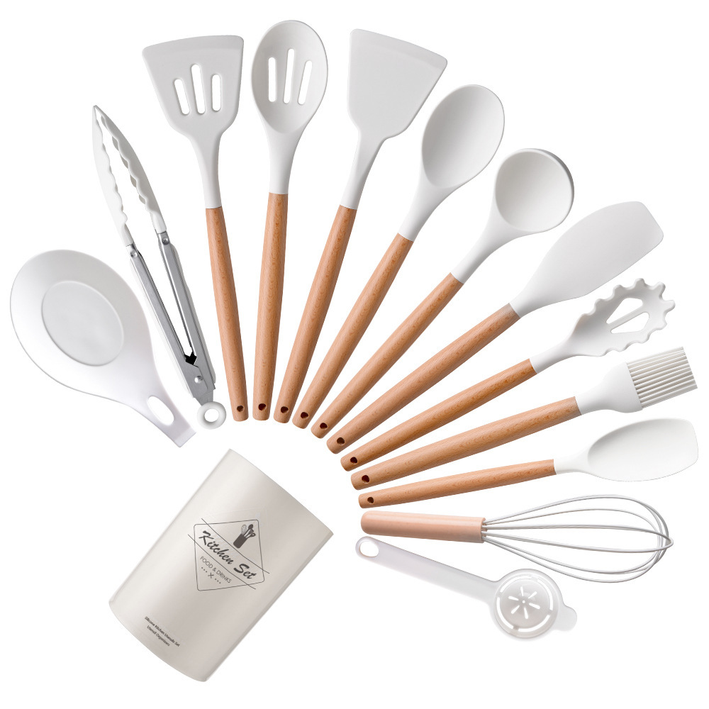 Light Version 750g Silicone Kitchen Utensil Set Wooden Handle 14-Piece Set Kitchen Tools Cooking Spatula Spoon Set 14-Piece Set