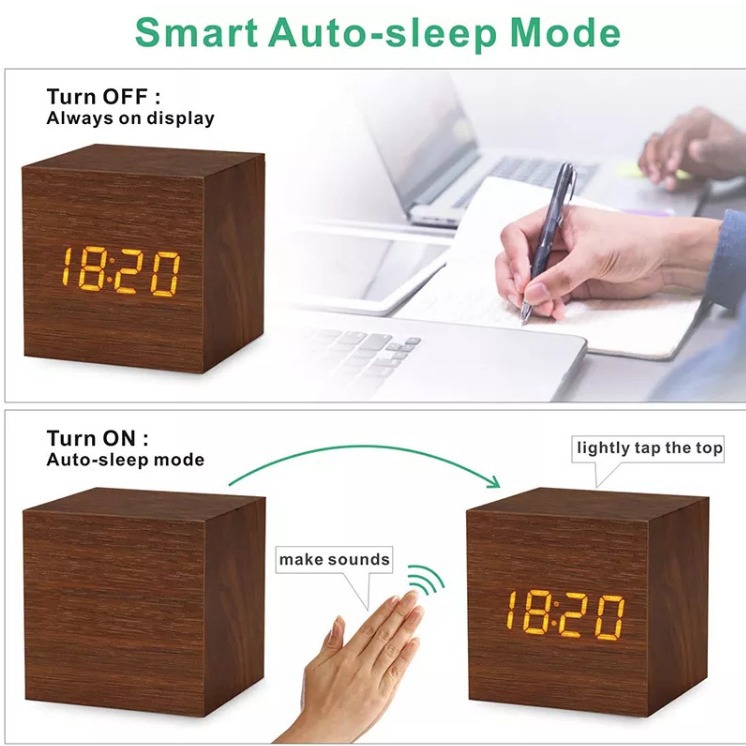 LED wooden clock, night light, voice-activated electronic alarm clock, desktop decoration, gift, student alarm clock