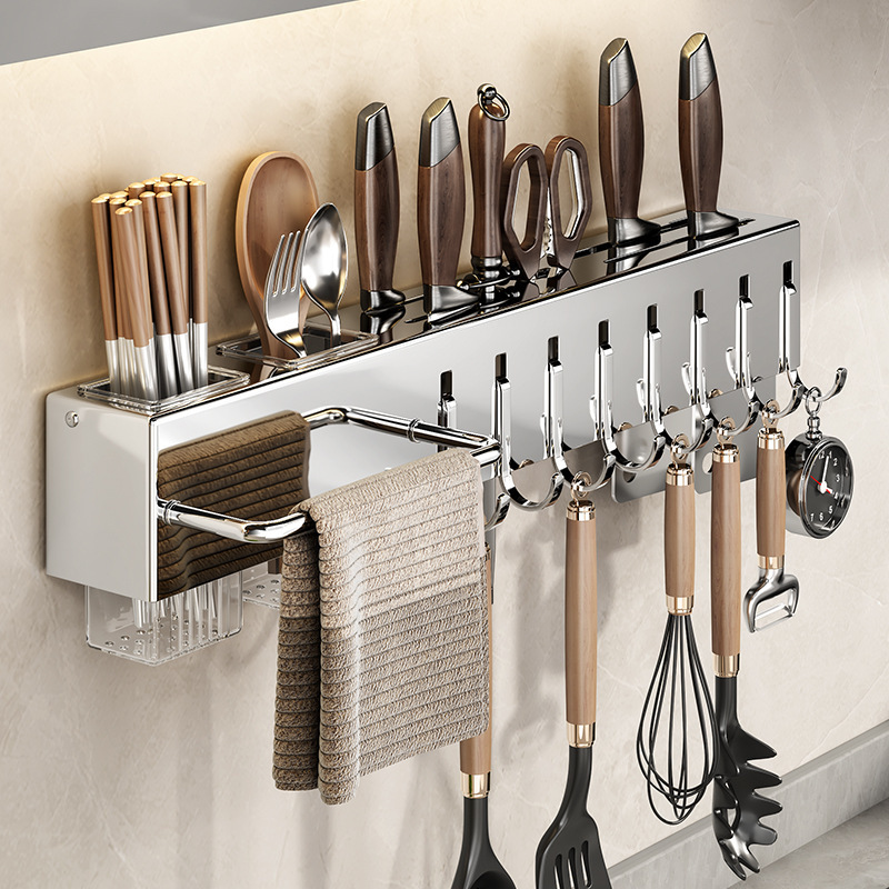 Stainless steel knife kitchen storage rack multifunctional no-drilling wall-mounted chopstick tube chopping knife integrated storage rack