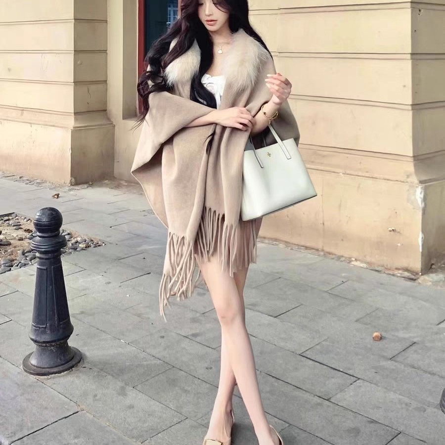 Autumn Winter Gentle Style Fur Collar Tassel Shawl Women Autumn Winter Warm Cape Coat 062#