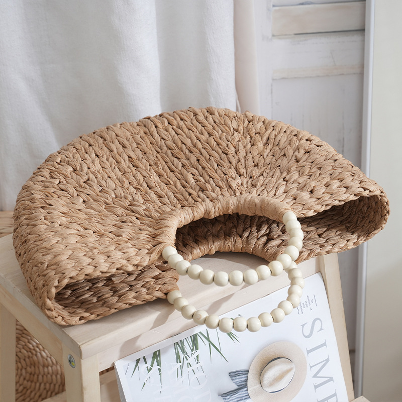 Handbag New Straw Bag Round Bead Handle Summer Woven Women's Bag Large Capacity Beach Handmade Vacation Bag
