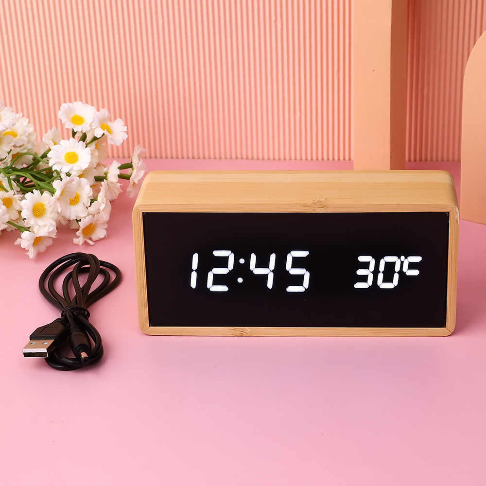 LED wooden mirror surface bamboo shell thermometer electronic clock, home living room decoration alarm clock solid wood