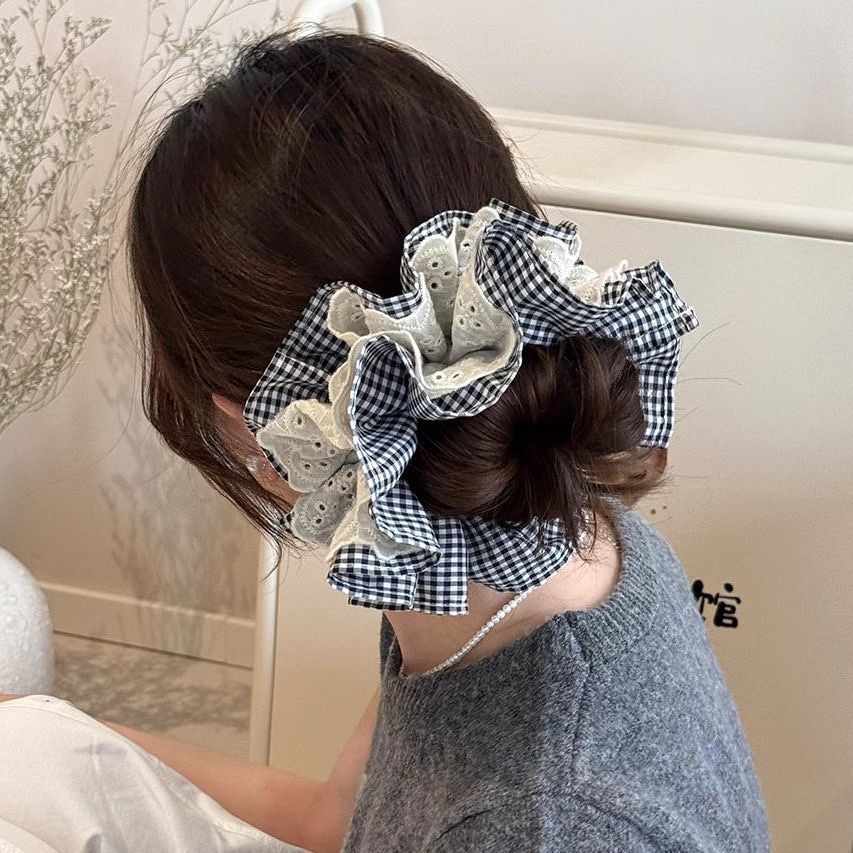 Plaid lace large hair scrunchie for women 2026 new hair tie extra large bun hair accessory head flower