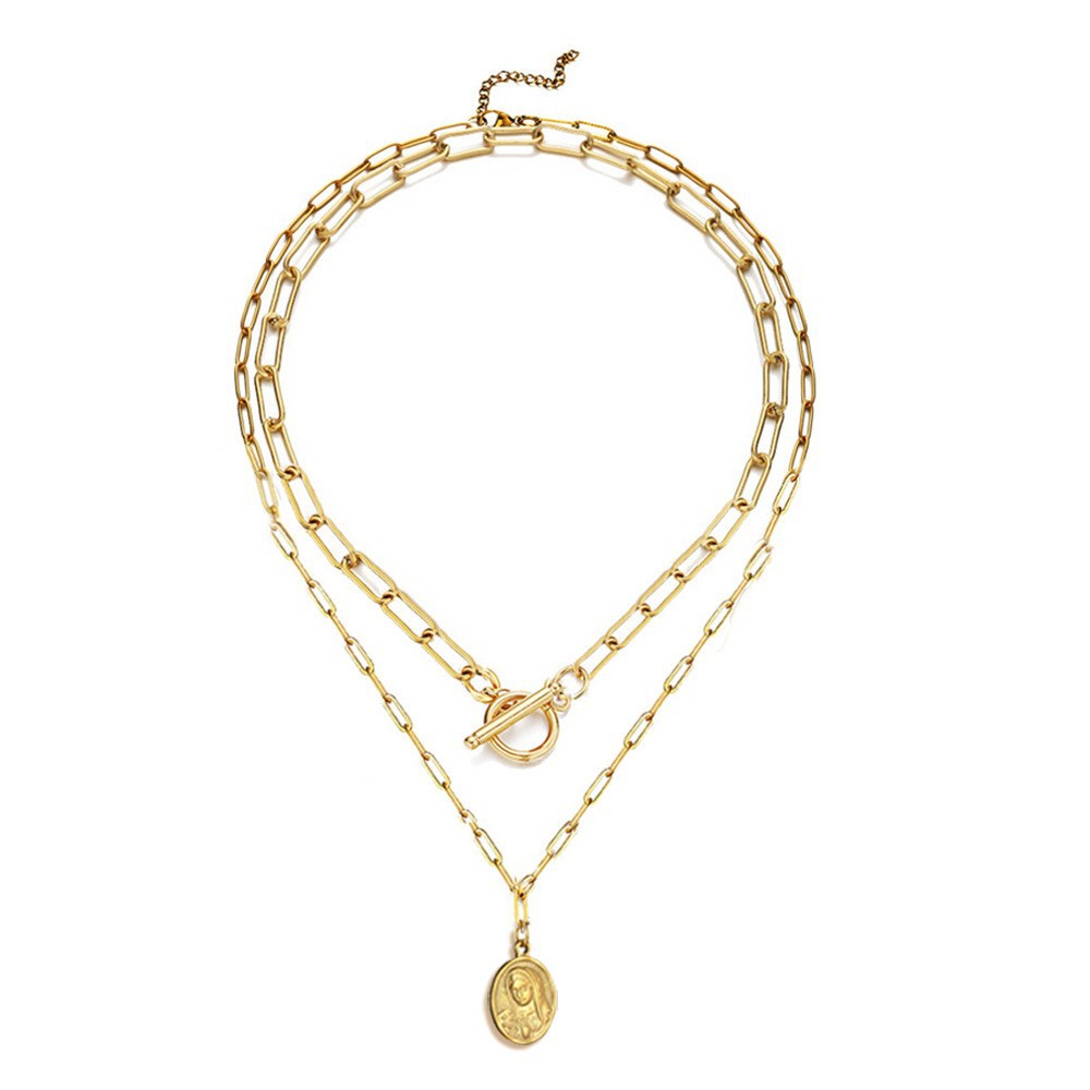 Minimalist versatile stainless steel paperclip necklace with figure round pendant double-layer necklace