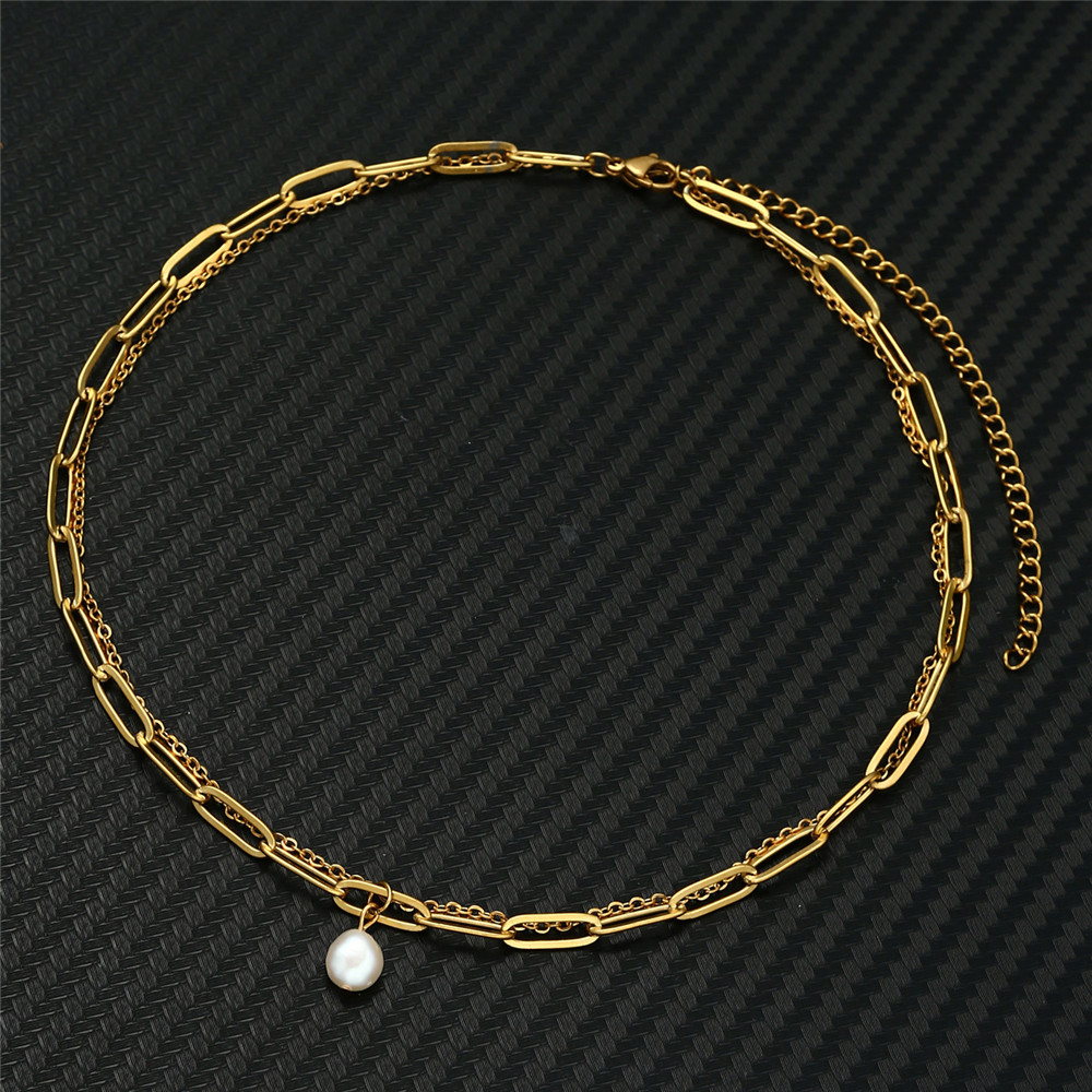 Baroque freshwater pearl neck chain necklace, women's minimalist stainless steel double-layer chain short necklace collarbone chain