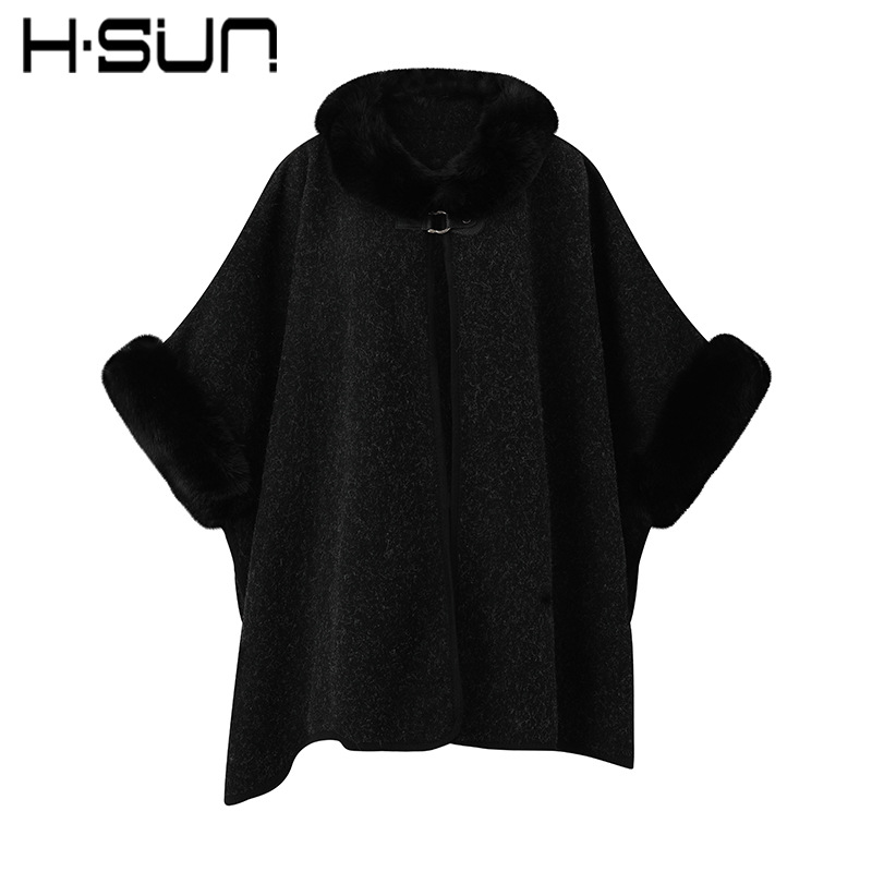 H·SUN Street Style Solid Color Round Neck Poncho Cape Warm Women's 2026 Winter Mid-Length