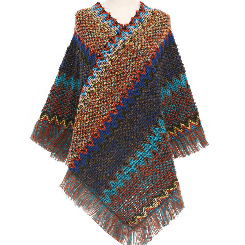 Colorful Ethnic Style Pullover Cape Women Poncho Acrylic Women Knit Cape Warm Autumn Winter Shawl
