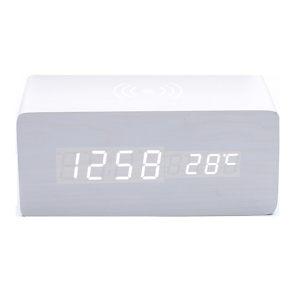 Smart LED wooden clock digital electronic alarm clock, charging clock bedside wireless charging digital wooden clock