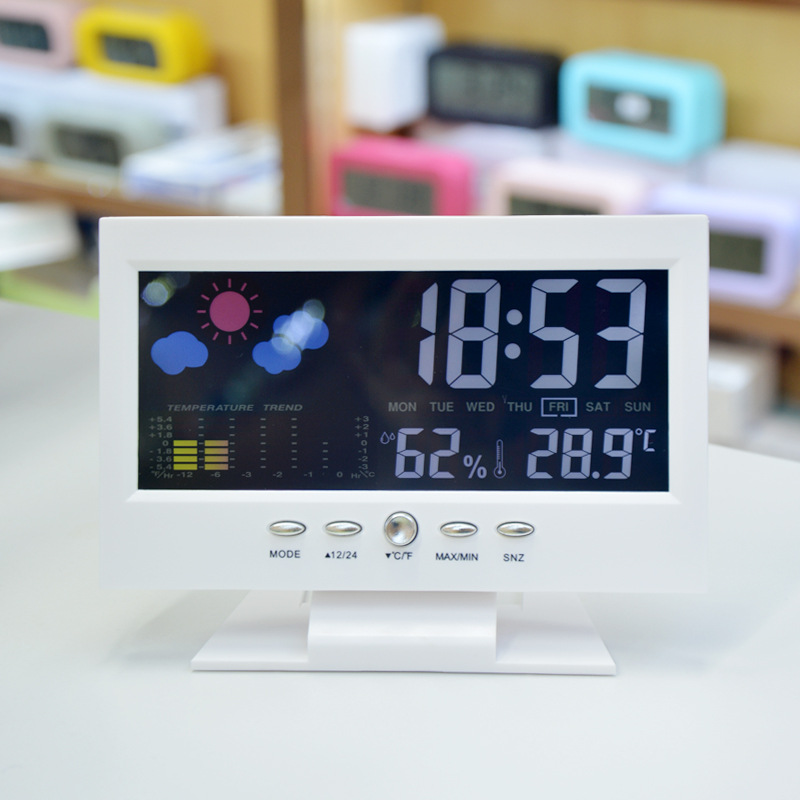 Smart Weather Electronic Alarm Clock LED Color Screen Weather Display Temperature Humidity Calendar Voice-activated Night Light Clock Gift