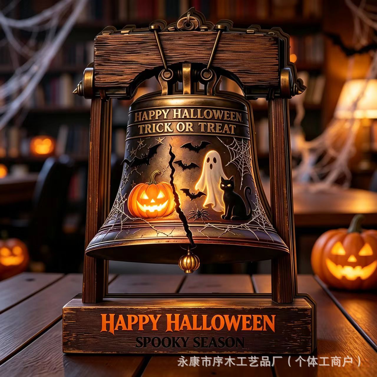 American Style Halloween Wooden Bell Ornament Distressed Tabletop Decoration Ghost Pumpkin Halloween Holiday Craft Ornament