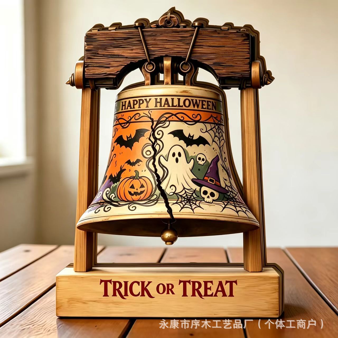 American Style Halloween Wooden Bell Ornament Distressed Tabletop Decoration Ghost Pumpkin Halloween Holiday Craft Ornament